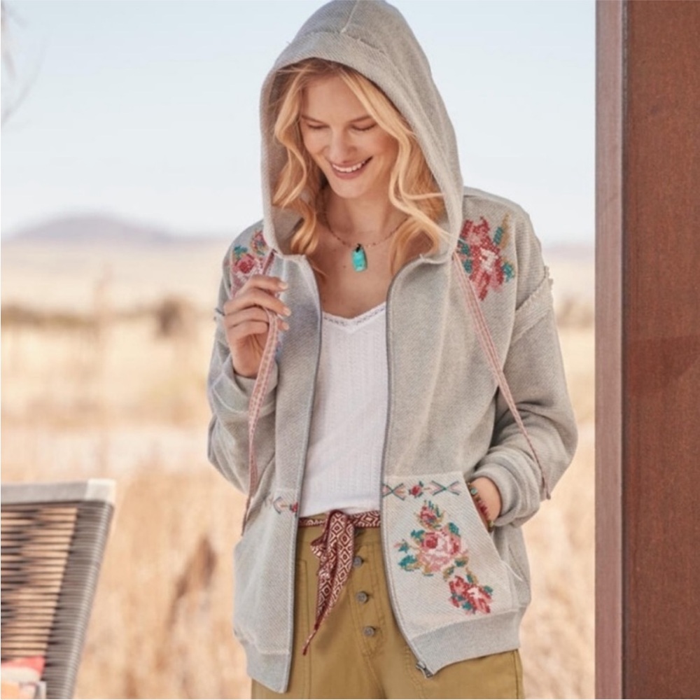 Sundance Light Gray Floral Embroidered Hooded Zip Sweatshirt